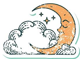 image emblématique de style tatouage d'autocollant en détresse d'un croissant de lune et de nuages vecteur