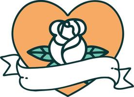 icône de style tatouage d'une rose de coeur et d'une bannière vecteur
