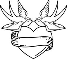 tatouage de ligne noire d'hirondelles et d'un coeur avec bannière vecteur