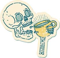 icône de style tatouage autocollant en détresse d'un crâne buvant du café vecteur