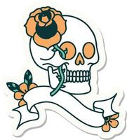autocollant de style tatouage avec bannière d'un crâne et d'une rose vecteur