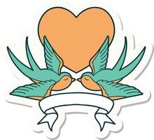 autocollant de tatouage avec une bannière d'hirondelles et un coeur vecteur