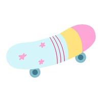 skateboard rétro, skate autocollant girly aux couleurs rose et bleu. illustration de vecteur de dessin animé de planche de sport extrême dans un style plat