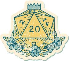 style de tatouage rétro rouleau de dés naturel 20 d20 avec des éléments floraux vecteur