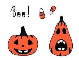 doodle citrouilles d'halloween isolées. citrouilles fantasmagoriques dessinées à la main, bonbons. autocollants d'halloween de vecteur