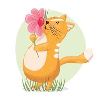 mignon petit chat appréciant la fleur au printemps. été, illustration de printemps avec un chat mignon dans l'herbe reniflant une fleur rose. vecteur
