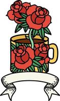 tatouage traditionnel avec bannière d'une tasse et de fleurs vecteur