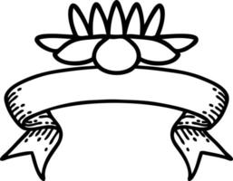 tatouage de trait noir traditionnel avec bannière d'une fleur de nénuphar vecteur