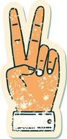 autocollant grunge d'un symbole de paix geste de la main à deux doigts vecteur