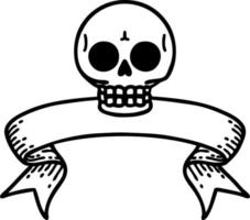 tatouage au trait noir traditionnel avec bannière d'un crâne vecteur