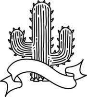 Tatouage au trait noir traditionnel avec bannière d'un cactus vecteur