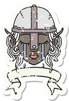 style de tatouage rétro visage de personnage de combattant elfe pleurant avec bannière vecteur