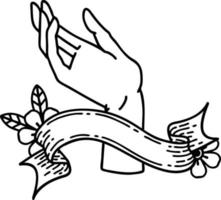 tatouage au trait noir traditionnel avec bannière d'une main vecteur