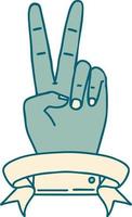paix de style tatouage rétro geste de la main à deux doigts avec bannière vecteur