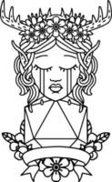 visage de personnage de druide elfe triste de style de ligne de tatouage noir et blanc avec un rouleau d20 naturel vecteur