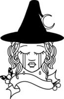 visage de personnage de sorcière humaine de style de dessin au trait de tatouage noir et blanc vecteur