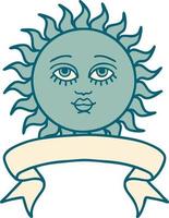 tatouage traditionnel avec bannière d'un soleil avec visage vecteur