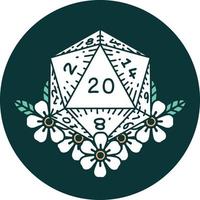 icône du rouleau de dés naturel 20 d20 avec des éléments floraux vecteur