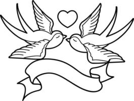 tatouage au trait noir traditionnel avec une bannière d'hirondelles et un coeur vecteur