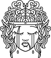 tatouage noir et blanc style dessin au trait elfe qui pleure visage de personnage barbare vecteur