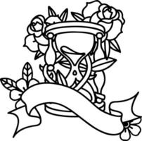 tatouage au trait noir traditionnel avec bannière d'un sablier et de fleurs vecteur