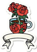 autocollant de style tatouage avec bannière d'une tasse et de fleurs vecteur