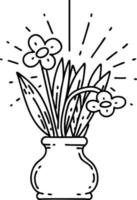 illustration d'une ligne noire traditionnelle de fleurs de style tatouage de travail dans un vase vecteur
