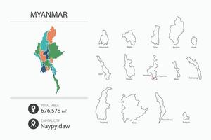 carte du myanmar avec carte détaillée du pays. éléments cartographiques des villes, des zones totales et de la capitale. vecteur