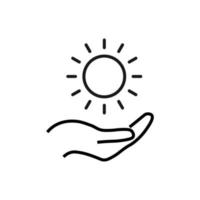 soutien, présent, signes de charité. symbole monochrome pour les sites Web, magasins, magasins et autres installations. trait modifiable. icône de ligne vectorielle du soleil sur la main tendue vecteur
