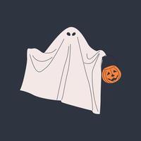 fantômes de tissu d'halloween en pose. monstres fantomatiques effrayants d'halloween, esprits. fantômes flottants avec panier de citrouille pour un tour ou un régal. boo effrayant, effrayant. silhouettes de vacances. vecteur