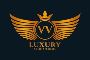 lettre d'aile royale de luxe vv crête vecteur de logo couleur or, logo de victoire, logo de crête, logo d'aile, modèle de logo vectoriel.