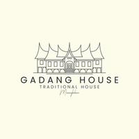 maison gadang avec dessin au trait style logo vecteur modèle icône illustration design, maison traditionnelle, sumatera ouest, minangkabau, indonésie logo design historique