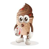 adorable mascotte de crème glacée buvant du soda, du cola vecteur