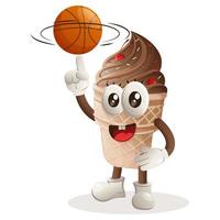 adorable mascotte de crème glacée jouant au basket, en freestyle avec un ballon vecteur