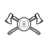 haches mécaniques de bois de menuiserie vintage et croix de scie. peut être utilisé comme emblème, logo, badge, étiquette. marque, affiche ou impression. art graphique monochrome. vecteur