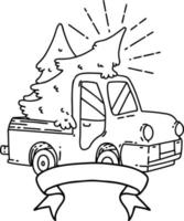 bannière avec camion de style tatouage de travail au trait noir transportant des arbres vecteur