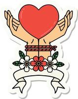 autocollant de tatouage avec une bannière de mains liées et un coeur vecteur