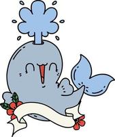bannière avec personnage de baleine éjacule heureux de style tatouage vecteur