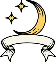 tatouage avec bannière d'une lune et d'étoiles vecteur