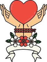 tatouage avec bannière de mains liées et un coeur vecteur