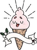 bannière avec personnage de crème glacée de style tatouage vecteur
