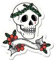 autocollant de tatouage avec bannière d'un crâne avec couronne de laurier vecteur