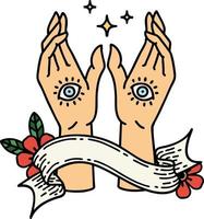 tatouage avec bannière de mains mystiques vecteur