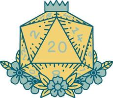 rouleau de dés naturel 20 d20 avec illustration d'éléments floraux vecteur