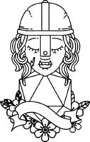 personnage de combattant demi-orc de style dessin au trait de tatouage noir et blanc avec un rouleau de 20 dés naturel vecteur