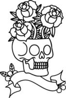 tatouage au trait noir traditionnel avec bannière d'un crâne et de roses vecteur