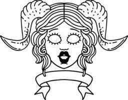 visage de personnage tiefling style dessin au trait tatouage noir et blanc avec bannière de défilement vecteur