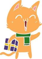 chat de dessin animé de style plat couleur heureux avec cadeau de noël vecteur