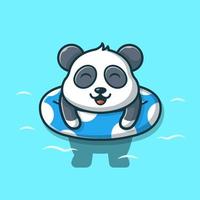 panda mignon flottant avec illustration d'icône de vecteur de dessin animé de pneus de natation. concept d'icône de vacances animales isolé vecteur premium. style de dessin animé plat