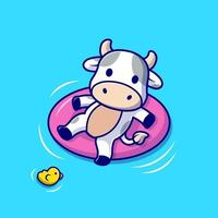 vache mignonne flottant avec illustration d'icône de vecteur de dessin animé de pneus de natation. concept d'icône de vacances animales isolé vecteur premium. style de dessin animé plat